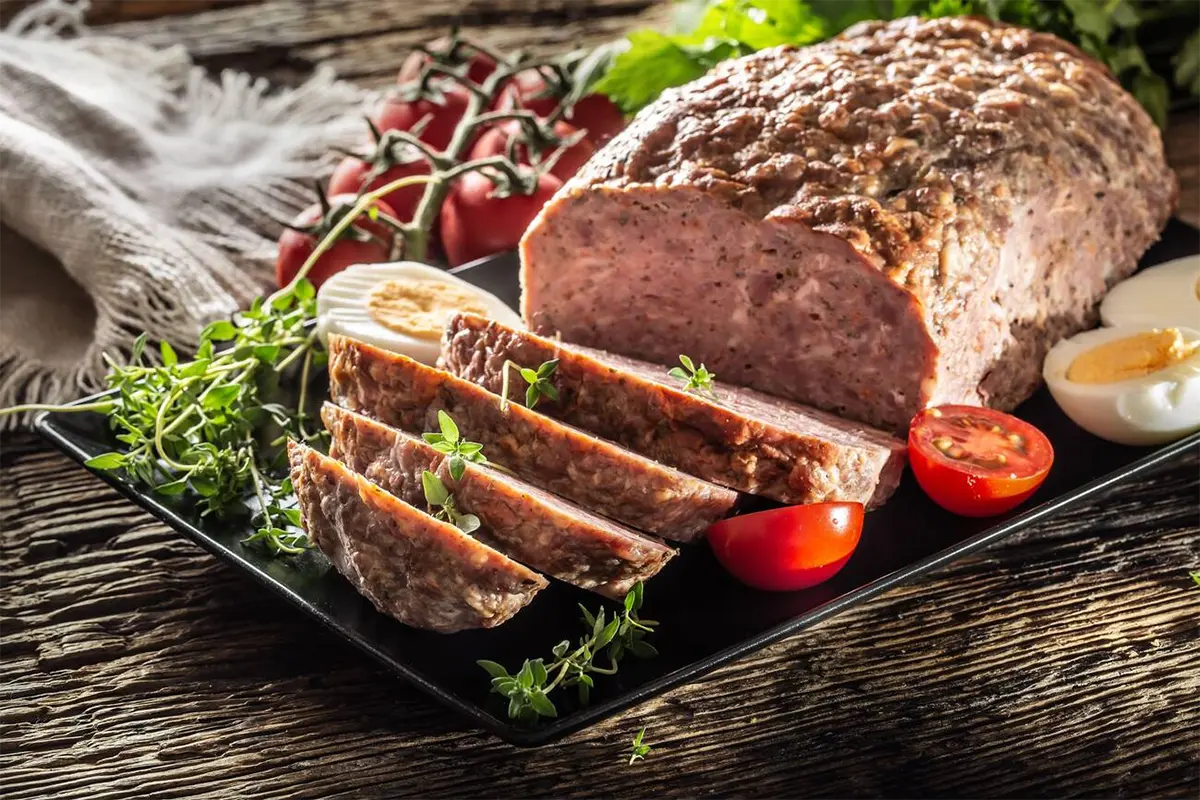 Elegantly sliced meatloaf on a decorative serving platter