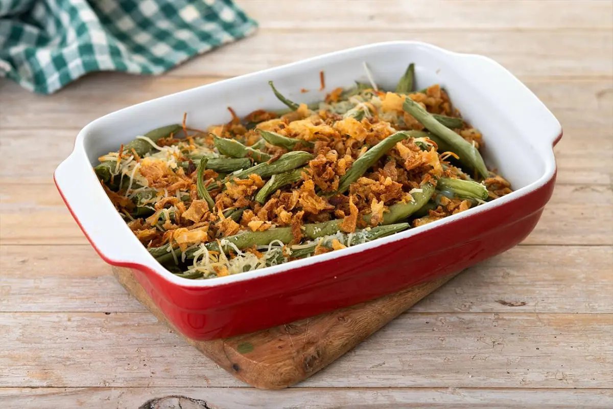 Preparing homemade Green Bean Casserole in a modern kitchen